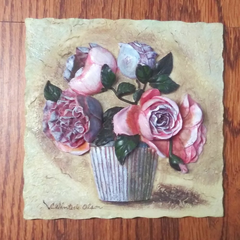 C. Winterle Olson 3D Tile ROSES +Planter Wall Hanging Plaque Bathroom Decorative